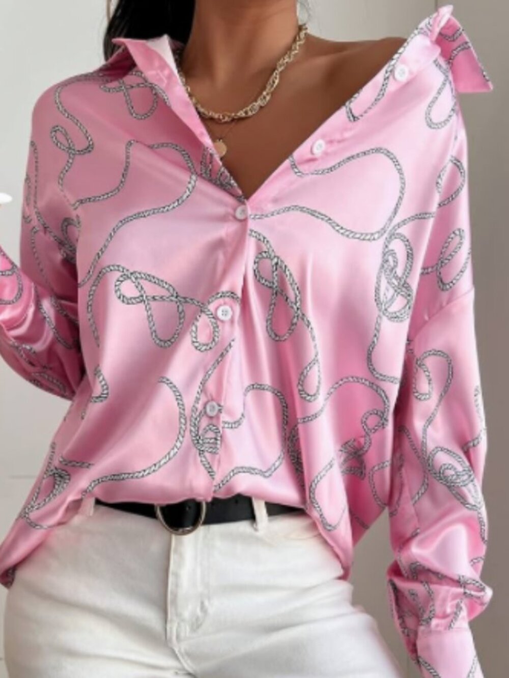 ZARA Women's Button Down Long Sleeve Satin Pink Rope Print Blouse Size XL